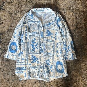 Calypso St. Barth Button Up Shirt Blue and White Patterned Shirt  XS Linen Blend